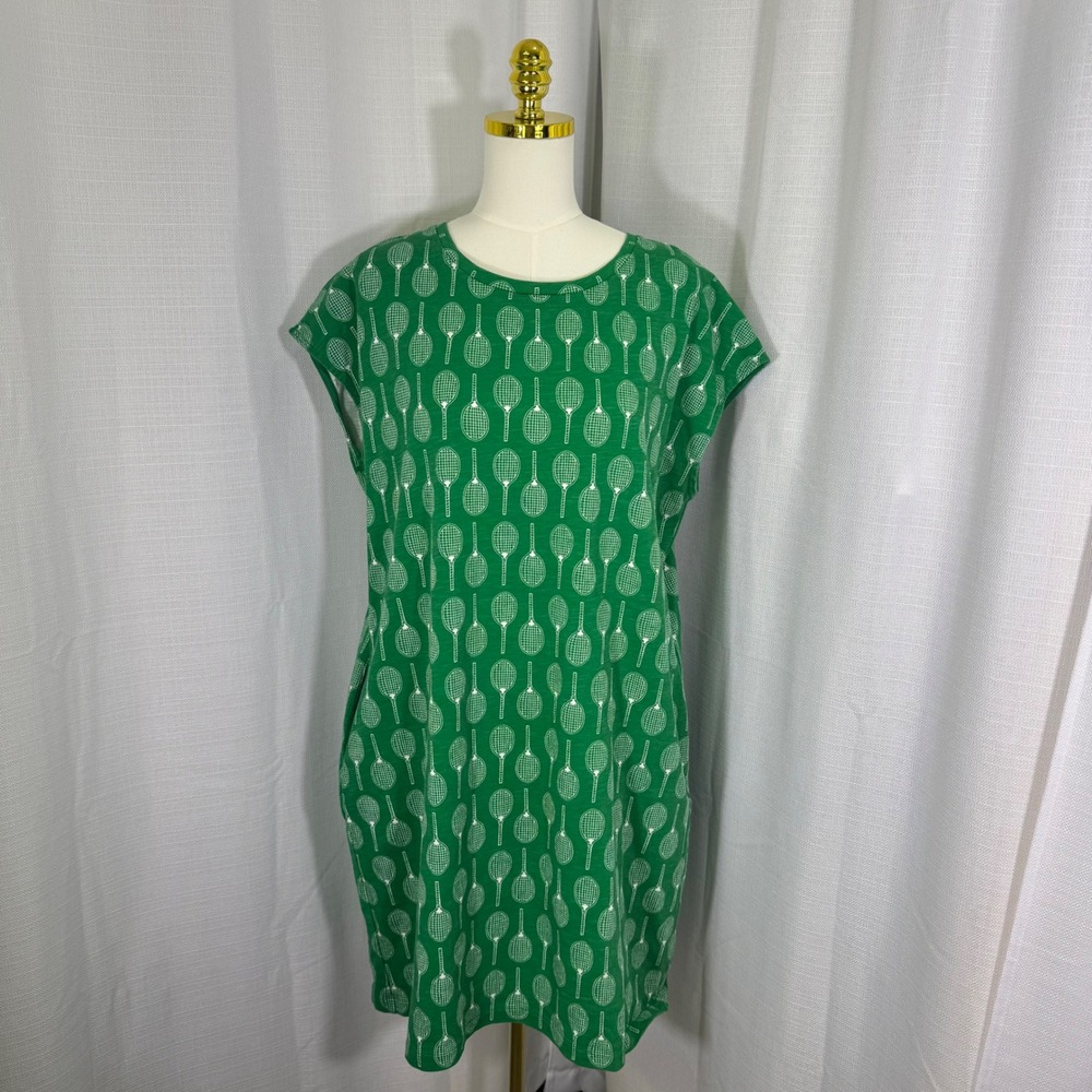 Boden Women Green Tennis Racket Print 100% Cotton Slub Shift Dress US 14 - Picture 3 of 14